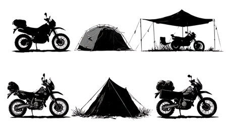 Motorcycle Camping and Adventure Touring Silhouette Set isolated on plain white background.のイラスト素材