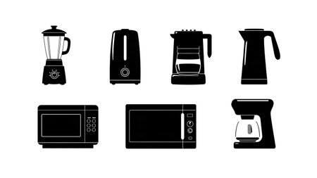Common Kitchen Appliance Silhouette Vector Pack isolated on plain white background.のイラスト素材
