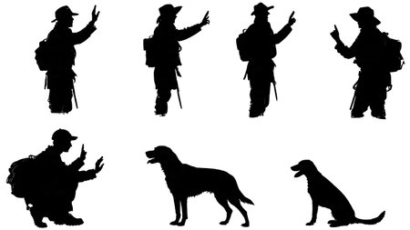 Hunter Giving Hand Signals for Communication Silhouette Collection isolated on plain white background.のイラスト素材