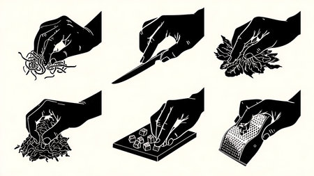 Chef Knife Cutting Techniques Silhouette Vector Set isolated on plain white background.のイラスト素材