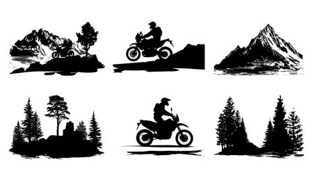 Motorcycle Journey Through Landscapes Silhouette Set isolated on plain white background.のイラスト素材