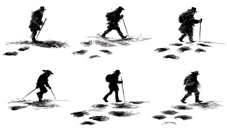 Hunter Tracking Animal Footprints Silhouette Set isolated on plain white background.のイラスト素材