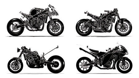 Motorcycle Engine Cutaway View Internal Silhouette Collection isolated on plain white background.のイラスト素材
