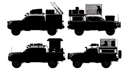 Hunter's Truck with Gear Loaded Silhouette Set isolated on plain white background.のイラスト素材