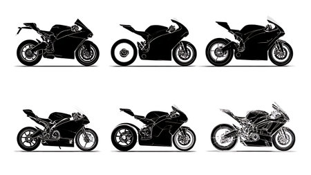 Motorcycle Blueprint and Design Sketch Silhouette Set isolated on plain white background.のイラスト素材