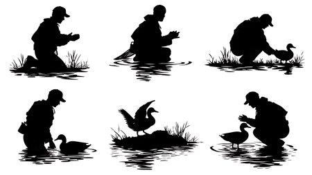 Hunter Setting Waterfowl Decoys Silhouette Set isolated on plain white background.のイラスト素材