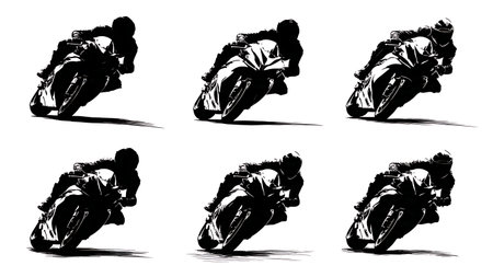 Motorcycle Leaning in Sharp Curve Action Silhouette Set isolated on plain white background.のイラスト素材