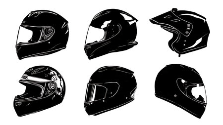 Different Motorcycle Helmet Design Silhouette Set isolated on plain white background.のイラスト素材