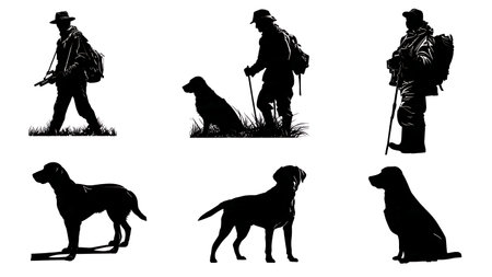 Hunter with Retriever Dog Companion Silhouette Collection isolated on plain white background.のイラスト素材