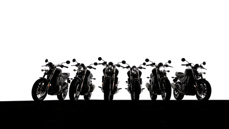 Low-Angle Worm's Eye View Motorcycle Silhouette Collection isolated on plain white background.のイラスト素材