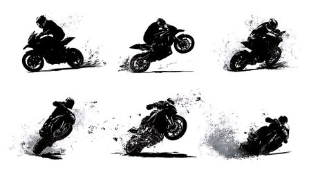 Motorcycle Crash and Accident Safety Silhouette Set isolated on plain white background.のイラスト素材