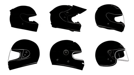Different Motorcycle Helmet Design Silhouette Set isolated on plain white background.のイラスト素材