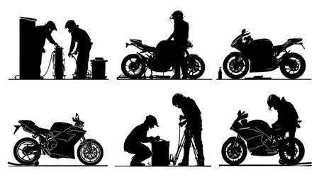 Rider Performing Motorcycle Maintenance Silhouette Set isolated on plain white background.のイラスト素材