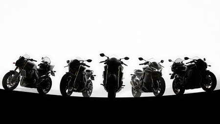 Low-Angle Worm's Eye View Motorcycle Silhouette Collection isolated on plain white background.のイラスト素材