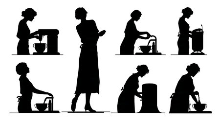 Person Making Homemade Ice Cream Silhouette Set isolated on plain white background.のイラスト素材