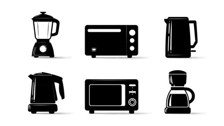 Common Kitchen Appliance Silhouette Vector Pack isolated on plain white background.のイラスト素材