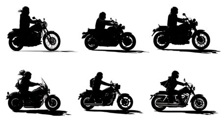 Solo Motorcycle Rider on Open Road Silhouette Set isolated on plain white background.のイラスト素材