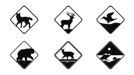 Hunting Area and Safety Warning Sign Silhouette Collection isolated on plain white background.のイラスト素材