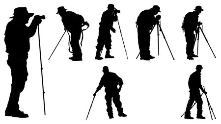 Hunter with Shooting Stick for Rifle Stability Silhouette Set isolated on plain white background.のイラスト素材