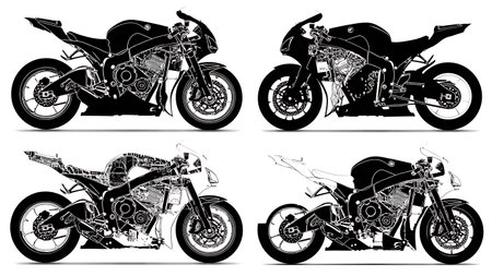Motorcycle Engine Cutaway View Internal Silhouette Collection isolated on plain white background.のイラスト素材