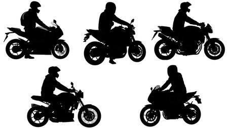 Motorcycle Rider Poses Black Silhouette Vector Set isolated on plain white background.のイラスト素材