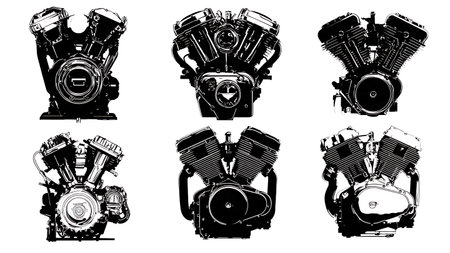 Motorcycle Engine and Motor Parts Silhouette Collection isolated on plain white background.のイラスト素材
