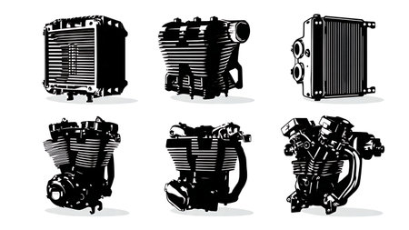 Motorcycle Radiator and Cooling System Silhouette Set isolated on plain white background.のイラスト素材