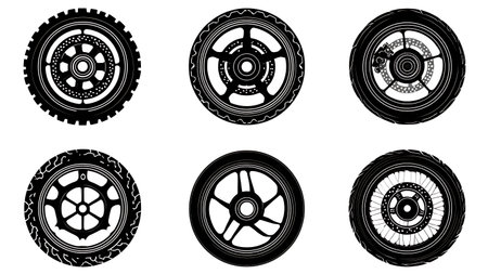 Motorcycle Wheel and Tire Design Silhouette Pack isolated on plain white background.のイラスト素材