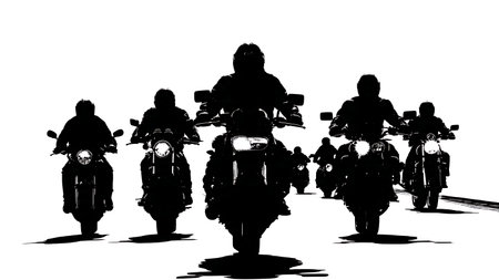 Group of Motorcycles Riding Together Silhouette Scene isolated on plain white background.のイラスト素材