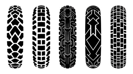 Motorcycle Tire Track and Tread Pattern Silhouette Set isolated on plain white background.のイラスト素材