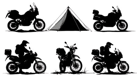 Motorcycle Camping and Adventure Touring Silhouette Set isolated on plain white background.のイラスト素材