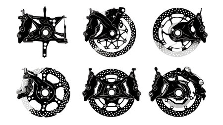 Motorcycle Disc Brake and Caliper Silhouette Pack isolated on plain white background.のイラスト素材