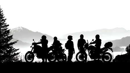 Scenic Mountain Overlook Motorcycle Silhouette Set isolated on plain white background.のイラスト素材