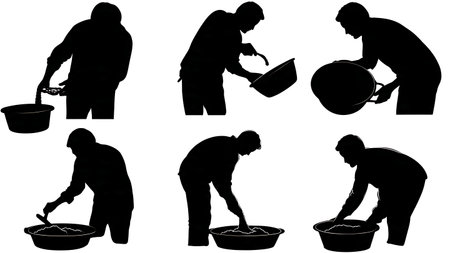 Person Pouring Batter into Cake Pan Silhouette Vector Set isolated on plain white background.のイラスト素材