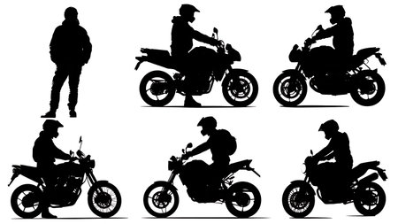 Motorcycle Rider Poses Black Silhouette Vector Set isolated on plain white background.のイラスト素材