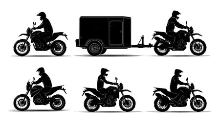 Motorcycle with Utility Trailer Silhouette Vector Set isolated on plain white background.のイラスト素材