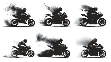 Motorcycle Burnout with Smoke Silhouette Collection isolated on plain white background.のイラスト素材