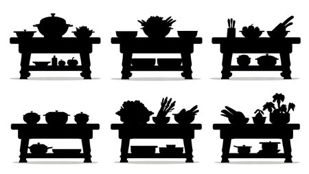 Kitchen Island with Cooking Prep Elements Silhouette Set isolated on plain white background.のイラスト素材