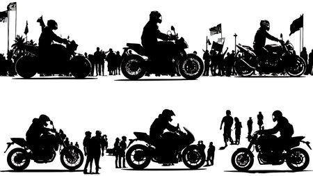 Motorcycle Rally and Biker Event Scene Silhouette Collection isolated on plain white background.のイラスト素材