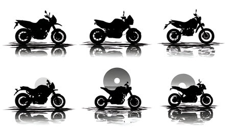 Motorcycle on Beach at Sunset Vacation Silhouette Collection isolated on plain white background.のイラスト素材