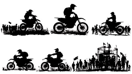 Motorcycle Rally and Biker Event Scene Silhouette Collection isolated on plain white background.のイラスト素材