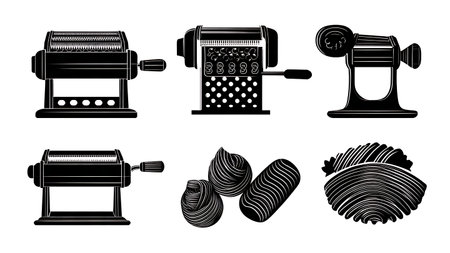 Pasta Making Tools and Shapes Silhouette Set isolated on plain white background.のイラスト素材