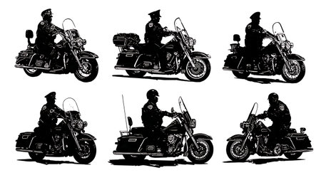 Police Motorcycle and Officer Silhouette Collection isolated on plain white background.のイラスト素材