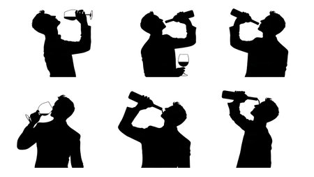 Person Pouring Wine from Bottle Silhouette Vector Set isolated on plain white background.のイラスト素材