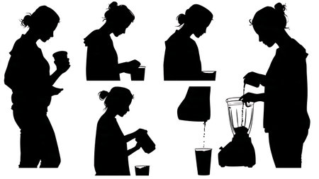 Person Making a Healthy Smoothie with Blender Silhouette Set isolated on plain white background.のイラスト素材