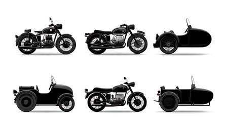Classic Motorcycle with Sidecar Silhouette Vector Pack isolated on plain white background.のイラスト素材