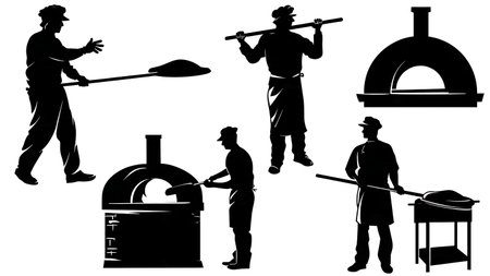 Pizza Maker (Pizzaiolo) in Action Silhouette Collection isolated on plain white background.のイラスト素材