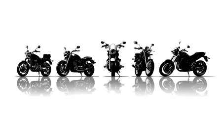 Lineup of Parked Motorcycles Silhouette Vector Set isolated on plain white background.のイラスト素材