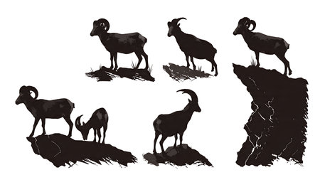 Mountain Game Bighorn Sheep and Goat Silhouette Collection isolated on plain white background.のイラスト素材