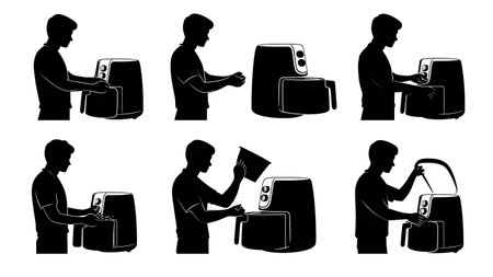 Person Using a Modern Air Fryer Silhouette Collection isolated on plain white background.のイラスト素材